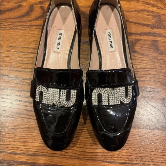 Miu Miu Shiny Black Loafers with Crystal Logo - Picture 6 of 6